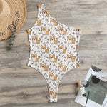 Cartoon Corgi Pattern Print One Shoulder Bodysuit