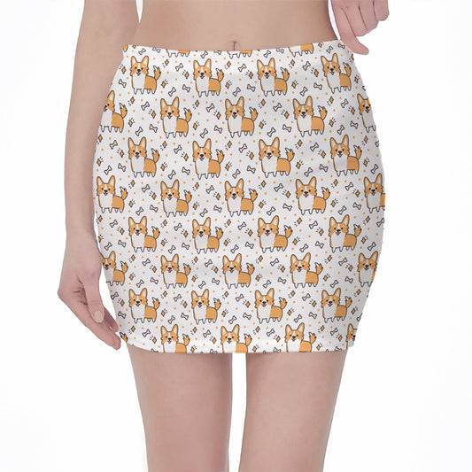Cartoon Corgi Pattern Print Pencil Mini Skirt