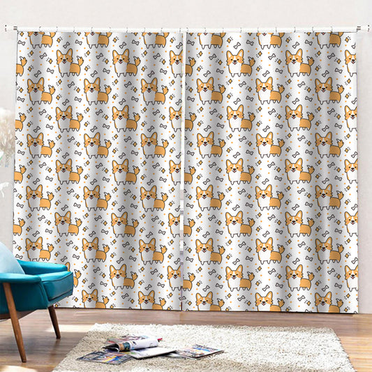Cartoon Corgi Pattern Print Pencil Pleat Curtains
