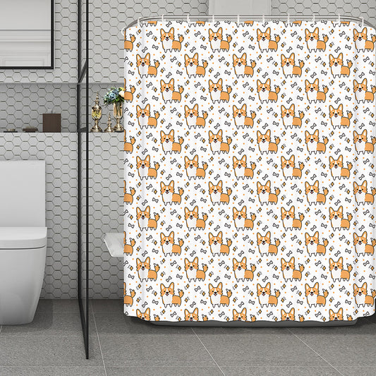 Cartoon Corgi Pattern Print Polyester Shower Curtain