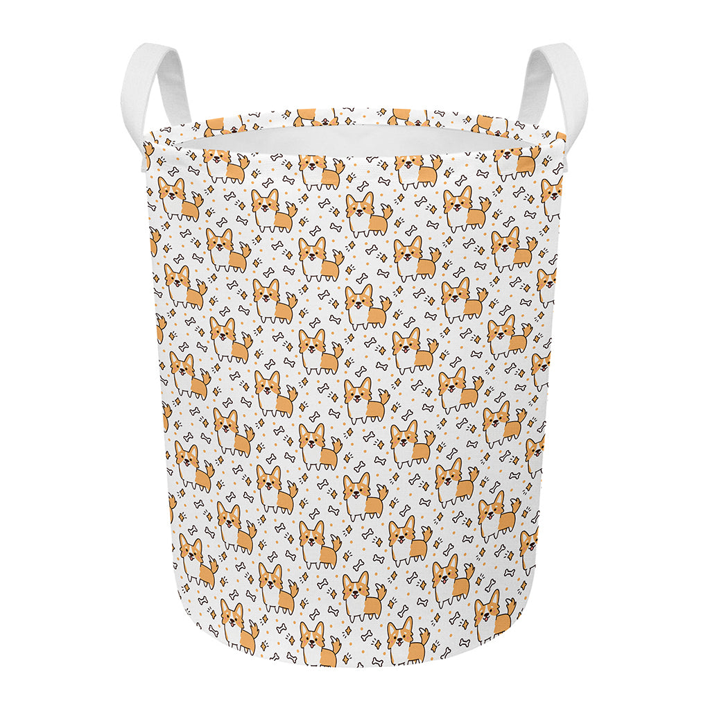 Cartoon Corgi Pattern Print Round Laundry Basket