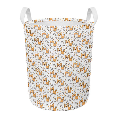 Cartoon Corgi Pattern Print Round Laundry Basket