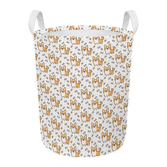 Cartoon Corgi Pattern Print Round Laundry Basket