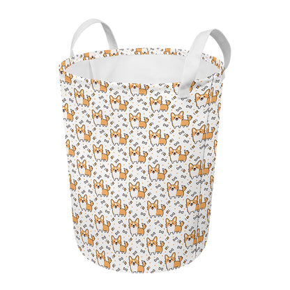 Cartoon Corgi Pattern Print Round Laundry Basket