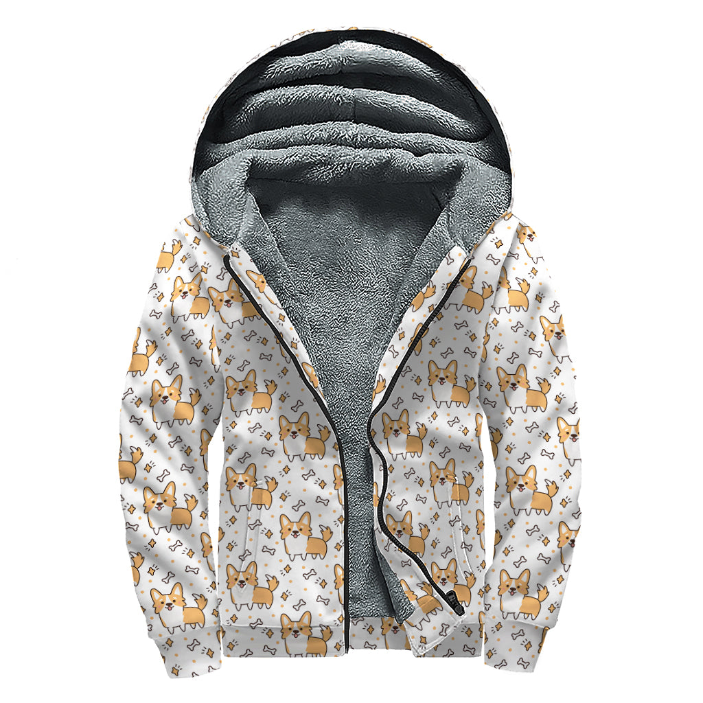 Cartoon Corgi Pattern Print Sherpa Lined Zip Up Hoodie
