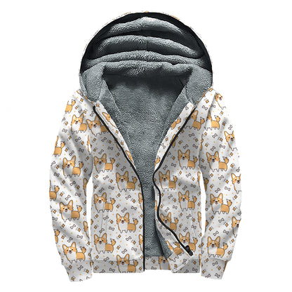 Cartoon Corgi Pattern Print Sherpa Lined Zip Up Hoodie