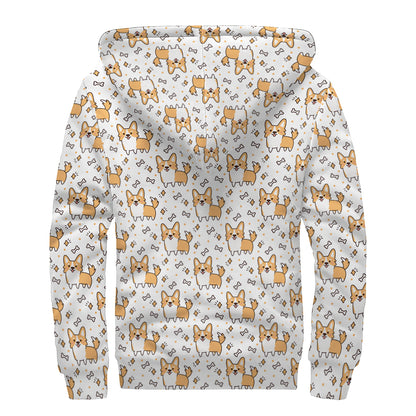 Cartoon Corgi Pattern Print Sherpa Lined Zip Up Hoodie