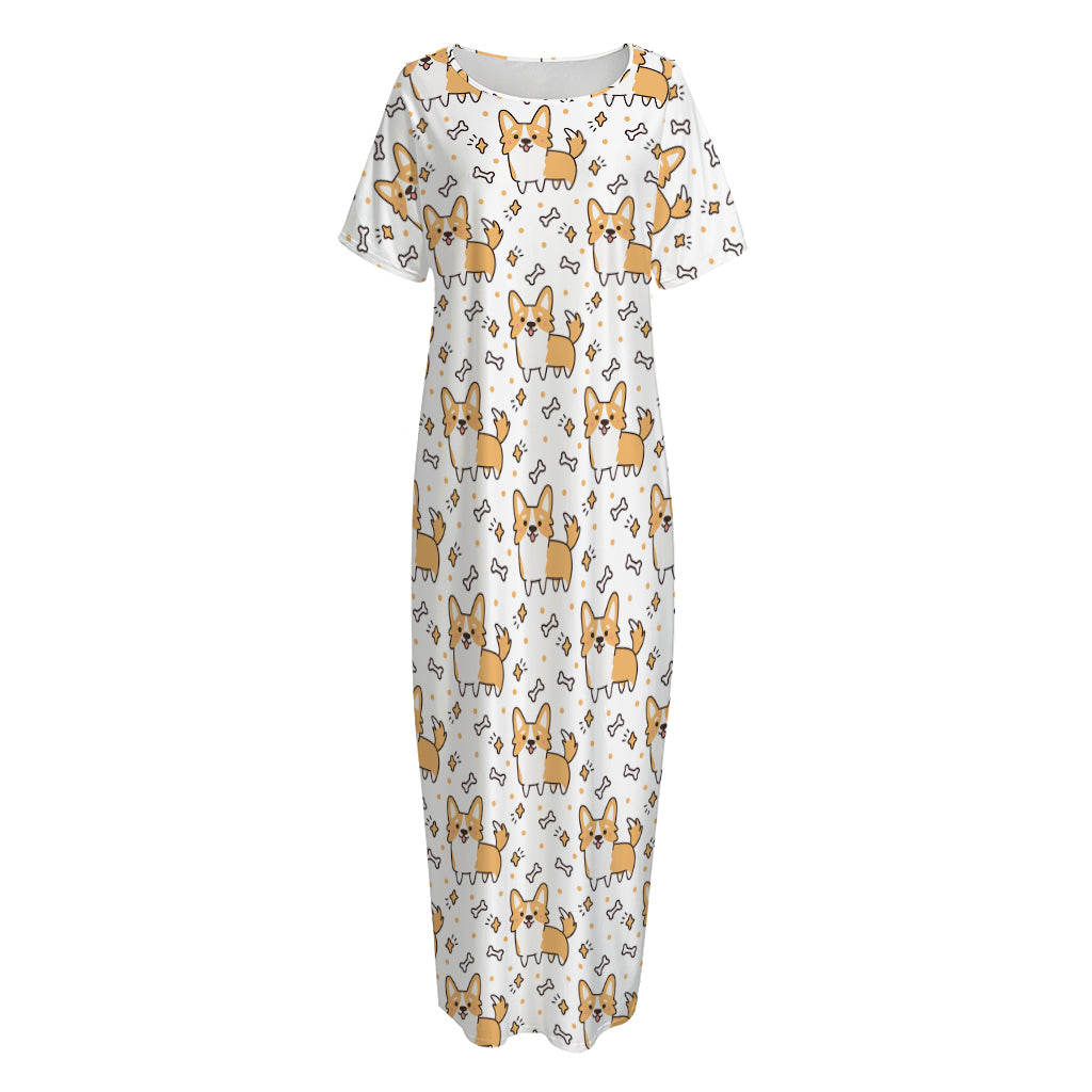 Cartoon Corgi Pattern Print Short Sleeve Long Nightdress