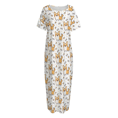 Cartoon Corgi Pattern Print Short Sleeve Long Nightdress