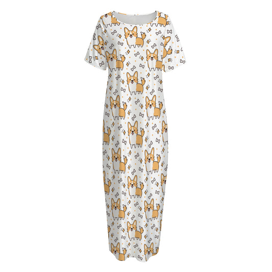 Cartoon Corgi Pattern Print Short Sleeve Long Nightdress