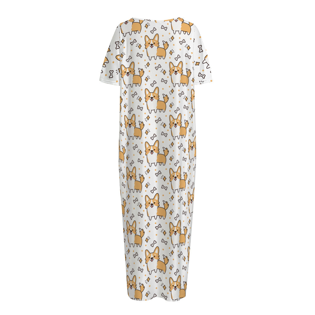 Cartoon Corgi Pattern Print Short Sleeve Long Nightdress
