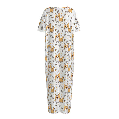 Cartoon Corgi Pattern Print Short Sleeve Long Nightdress