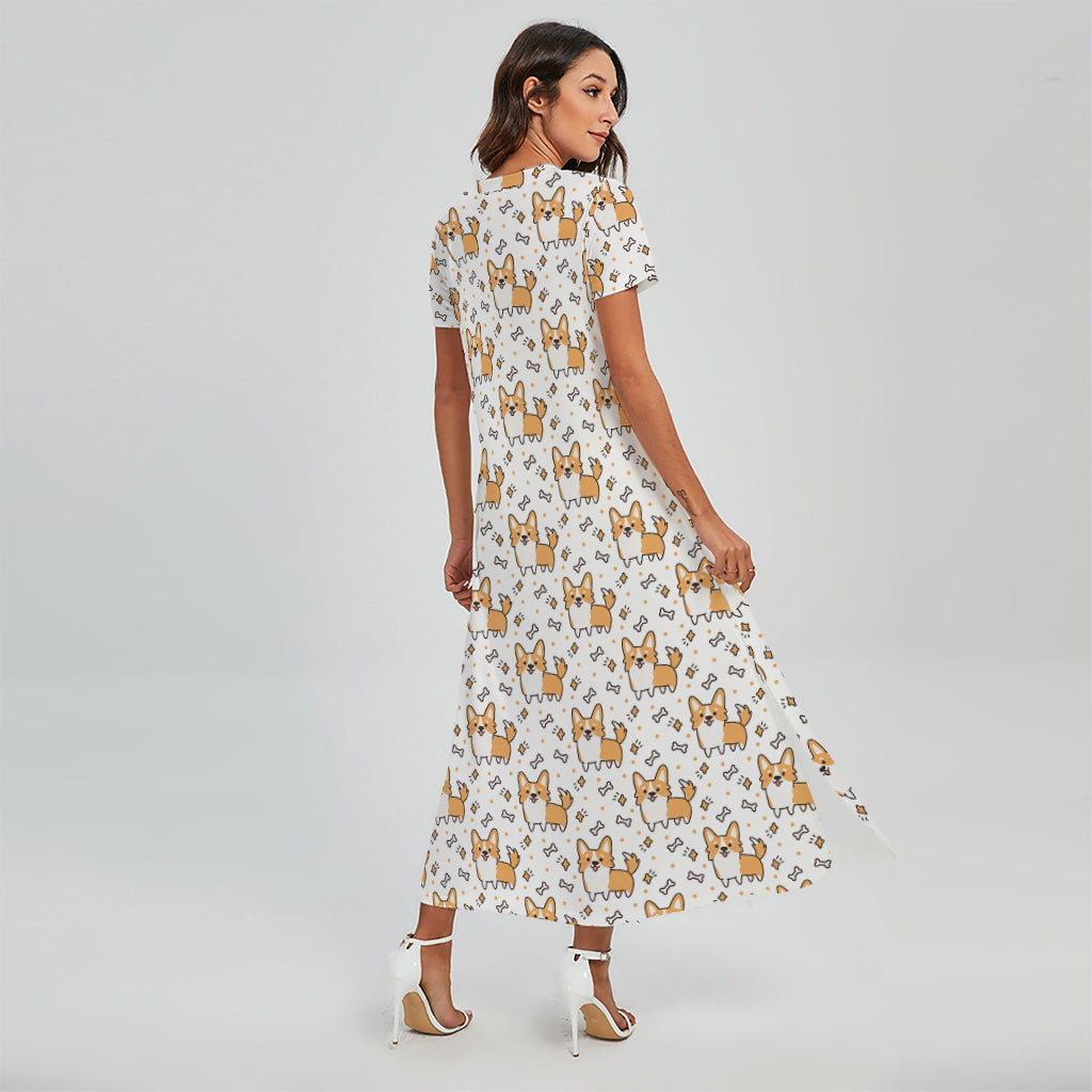 Cartoon Corgi Pattern Print Short Sleeve Maxi Dress