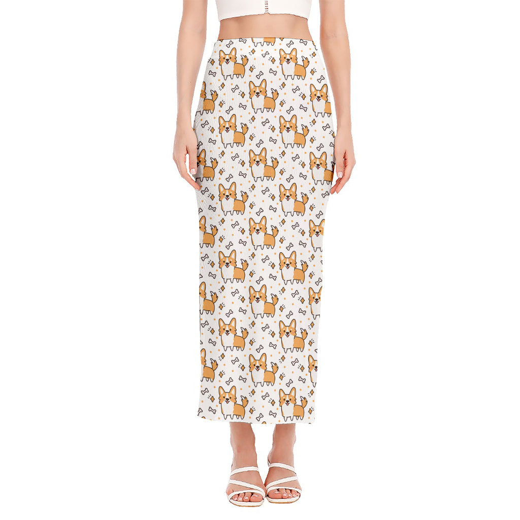 Cartoon Corgi Pattern Print Side Slit Maxi Skirt