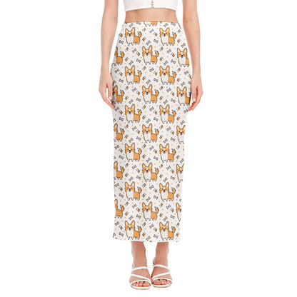 Cartoon Corgi Pattern Print Side Slit Maxi Skirt