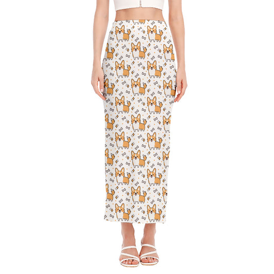 Cartoon Corgi Pattern Print Side Slit Maxi Skirt