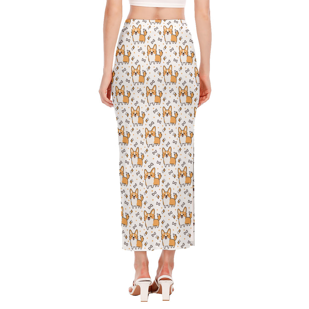 Cartoon Corgi Pattern Print Side Slit Maxi Skirt