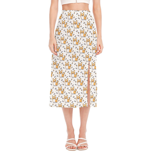 Cartoon Corgi Pattern Print Side Slit Midi Skirt
