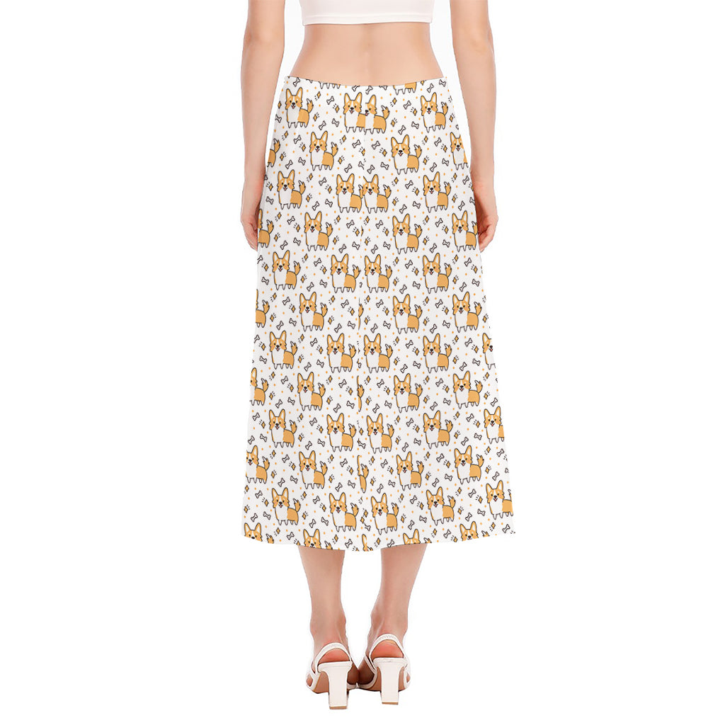 Cartoon Corgi Pattern Print Side Slit Midi Skirt