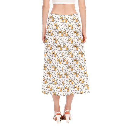 Cartoon Corgi Pattern Print Side Slit Midi Skirt