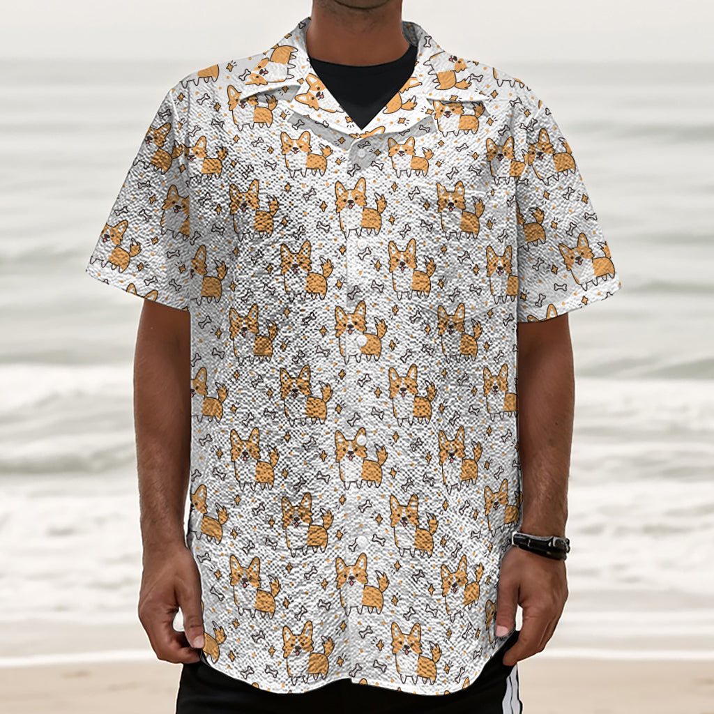 Cartoon Corgi Pattern Print Textured Short Sleeve Shirt