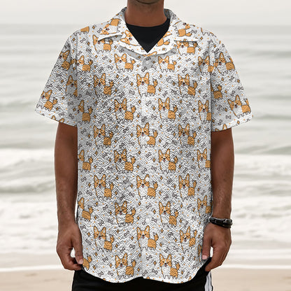 Cartoon Corgi Pattern Print Textured Short Sleeve Shirt