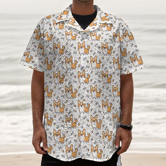 Cartoon Corgi Pattern Print Textured Short Sleeve Shirt