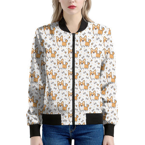 Cartoon Corgi Pattern Print Women's Bomber Jacket