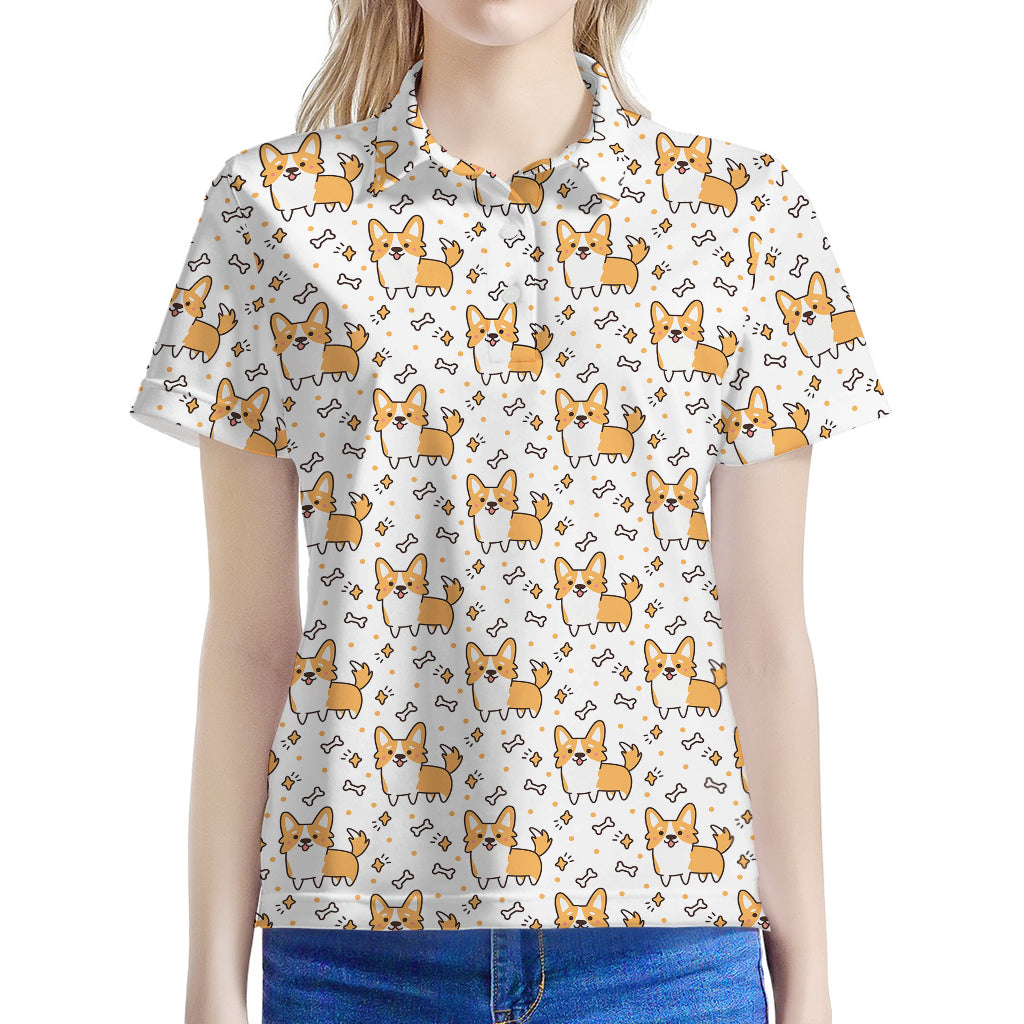 Cartoon Corgi Pattern Print Women's Polo Shirt