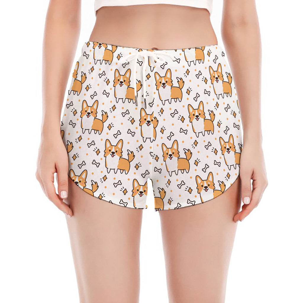 Cartoon Corgi Pattern Print Women's Split Running Shorts