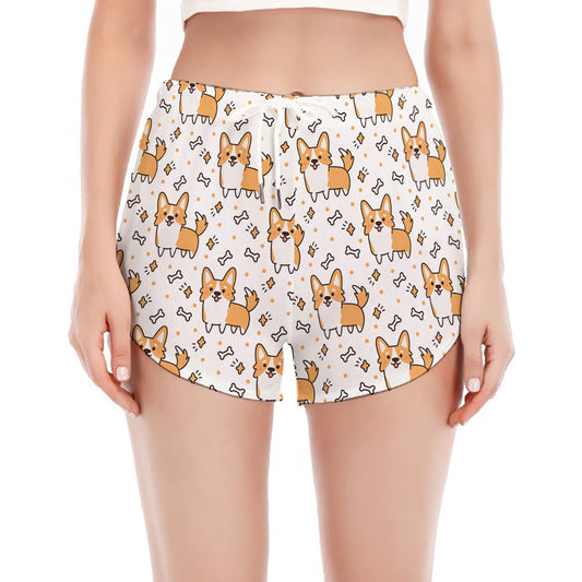 Cartoon Corgi Pattern Print Women's Split Running Shorts