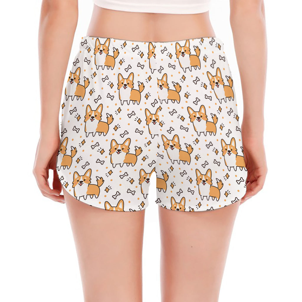 Cartoon Corgi Pattern Print Women's Split Running Shorts