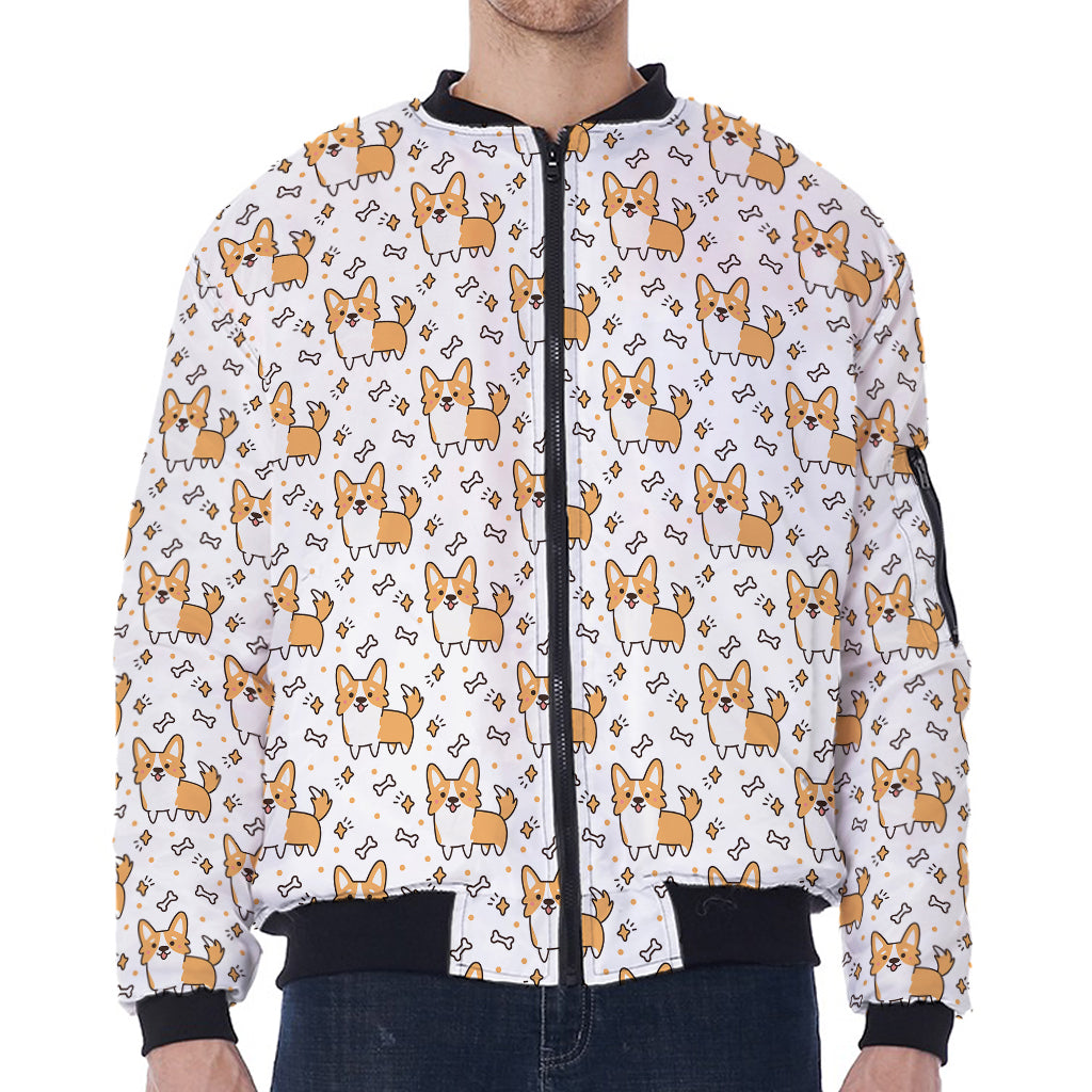 Cartoon Corgi Pattern Print Zip Sleeve Bomber Jacket