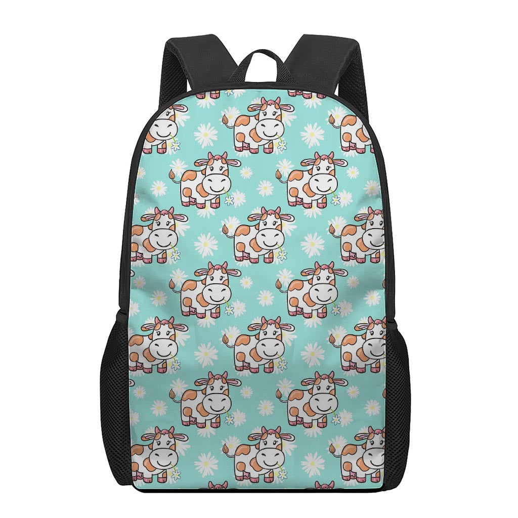 Cartoon Cow And Daisy Flower Print 17 Inch Backpack