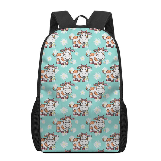 Cartoon Cow And Daisy Flower Print 17 Inch Backpack