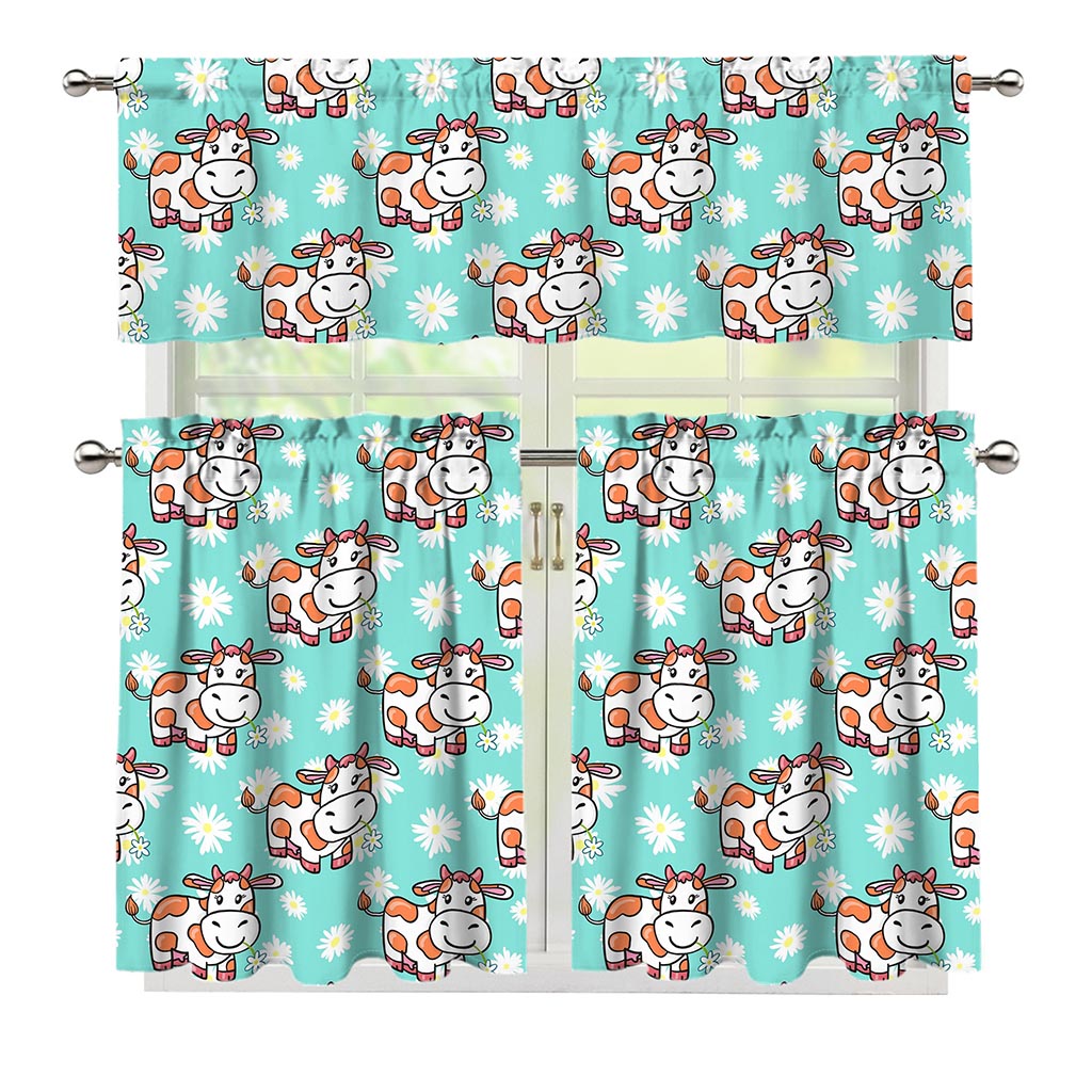 Cartoon Cow And Daisy Flower Print 3 Piece Kitchen Curtains