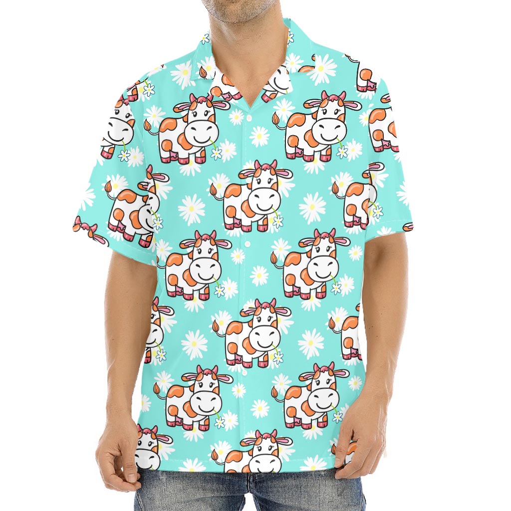 Cartoon Cow And Daisy Flower Print Aloha Shirt