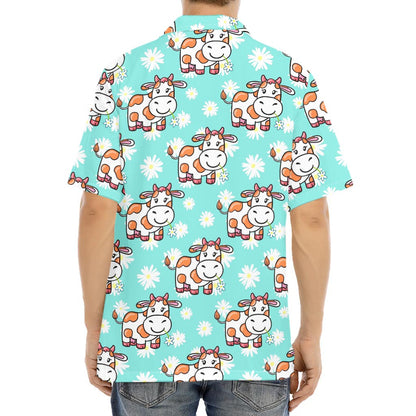 Cartoon Cow And Daisy Flower Print Aloha Shirt