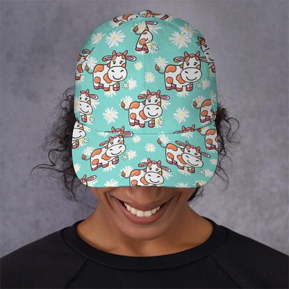 Cartoon Cow And Daisy Flower Print Baseball Cap