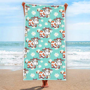 Cartoon Cow And Daisy Flower Print Beach Towel