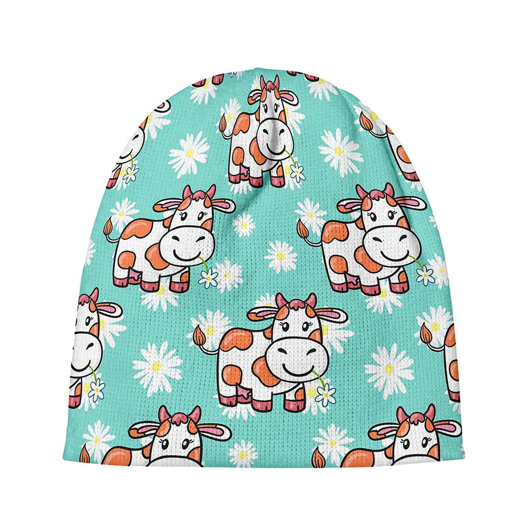 Cartoon Cow And Daisy Flower Print Beanie