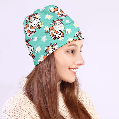 Cartoon Cow And Daisy Flower Print Beanie