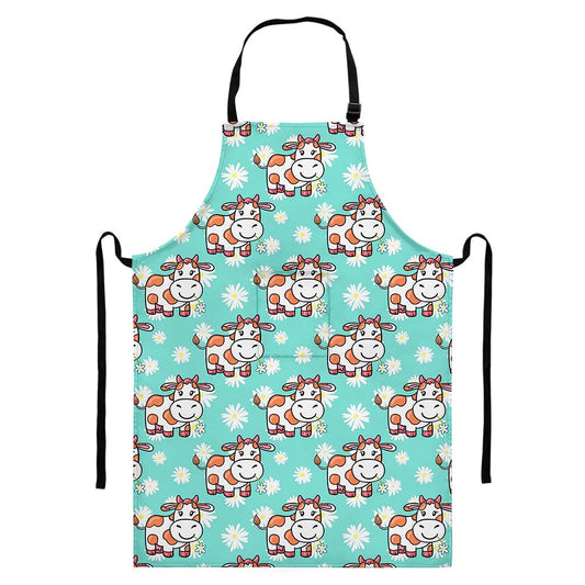 Cartoon Cow And Daisy Flower Print Bib Apron With Pocket