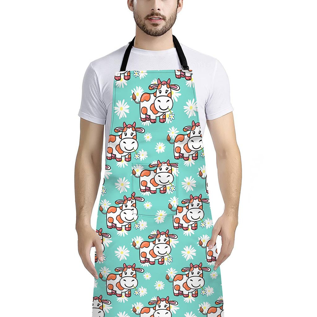Cartoon Cow And Daisy Flower Print Bib Apron With Pocket