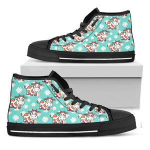 Cartoon Cow And Daisy Flower Print Black High Top Sneakers
