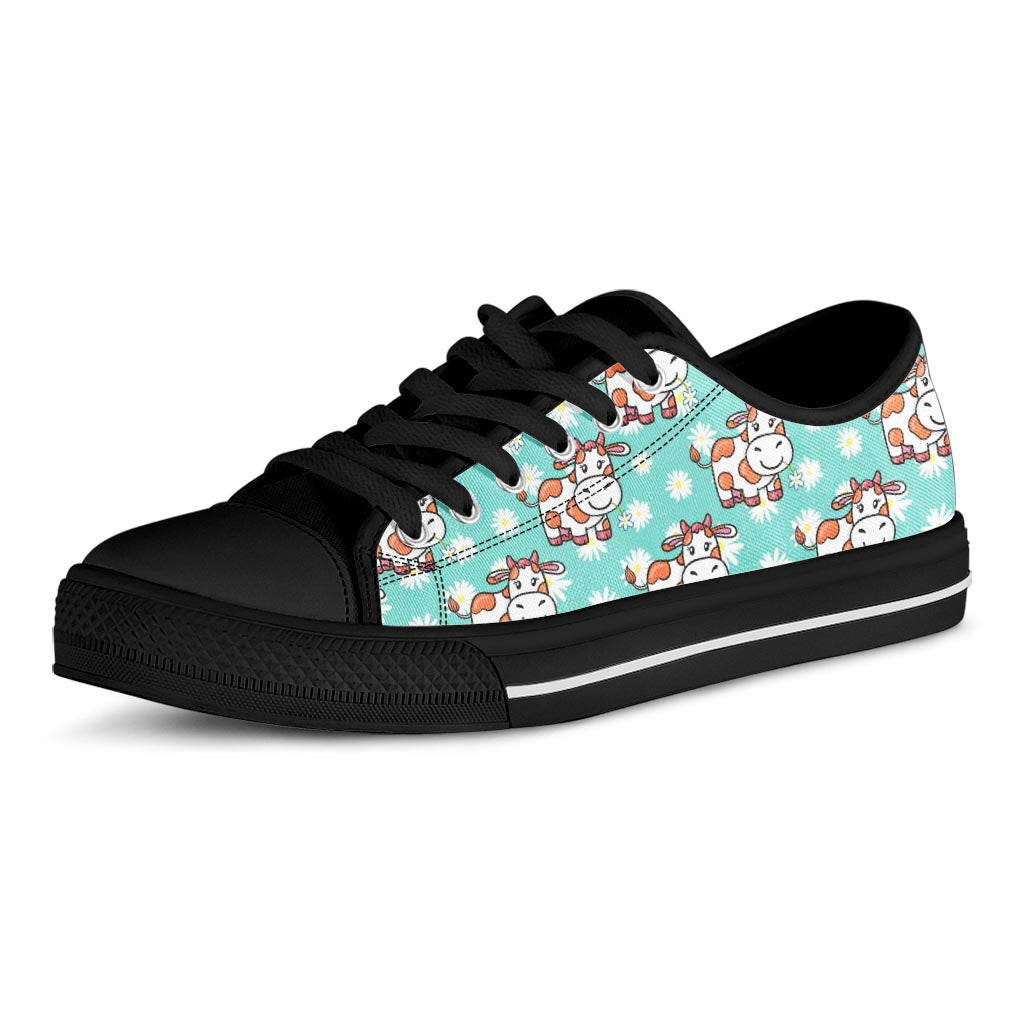 Cartoon Cow And Daisy Flower Print Black Low Top Sneakers