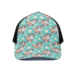 Cartoon Cow And Daisy Flower Print Black Mesh Trucker Cap