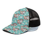 Cartoon Cow And Daisy Flower Print Black Mesh Trucker Cap