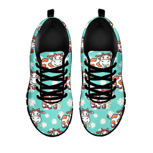 Cartoon Cow And Daisy Flower Print Black Running Shoes