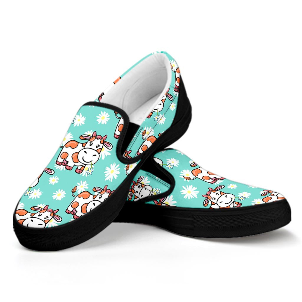 Cartoon Cow And Daisy Flower Print Black Slip On Sneakers